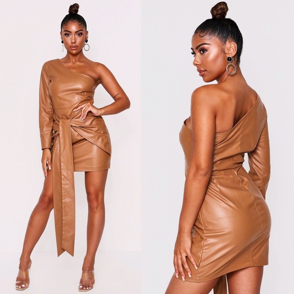 Misspap Dresses & Skirts - 🆕 CAMEL FAUX LEATHER ONE SHOULDER TIE FRONT DRESS